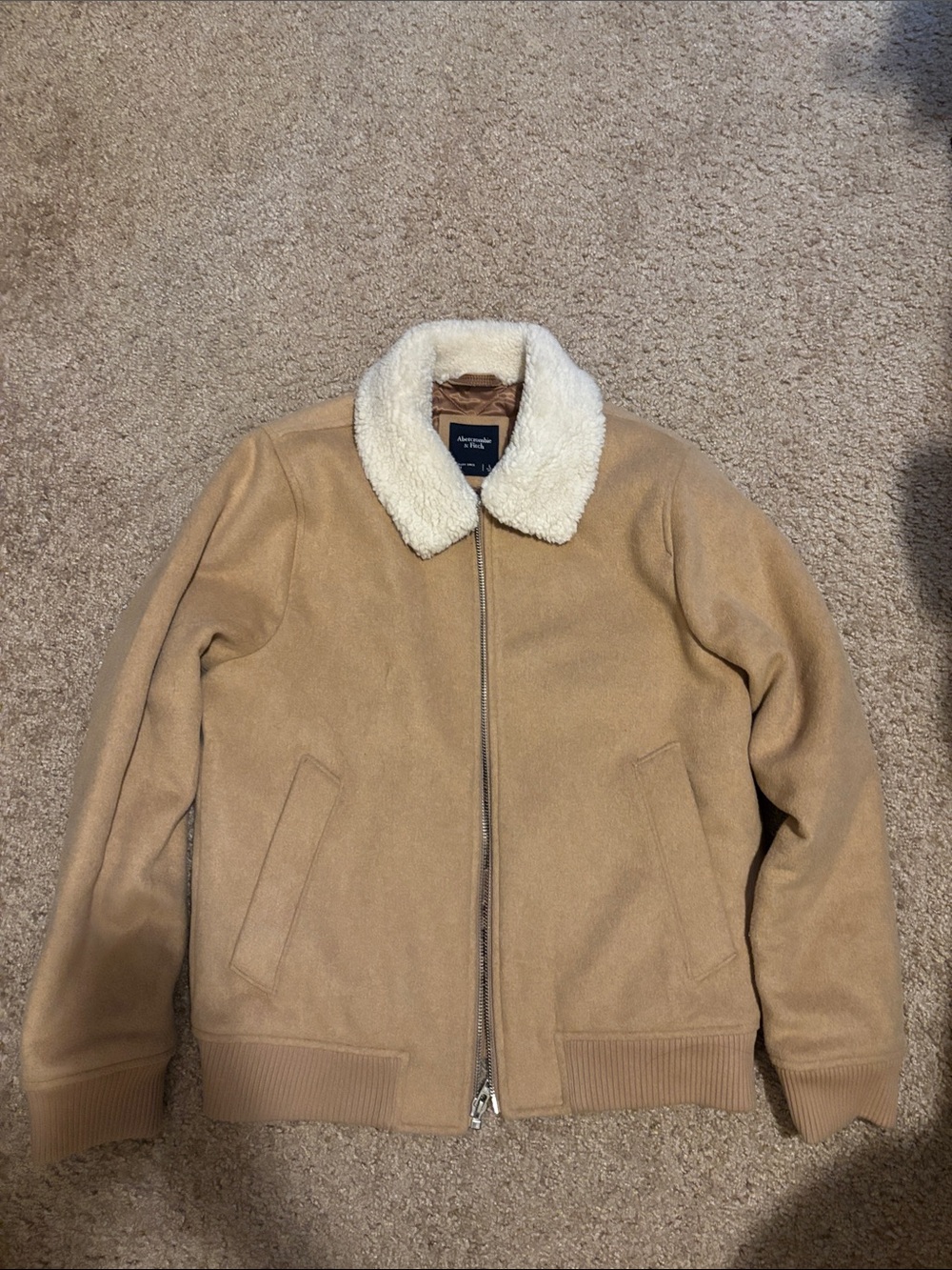 Abercrombie & Fitch Camel Bomber Jacket with Cream Sherpa Collar